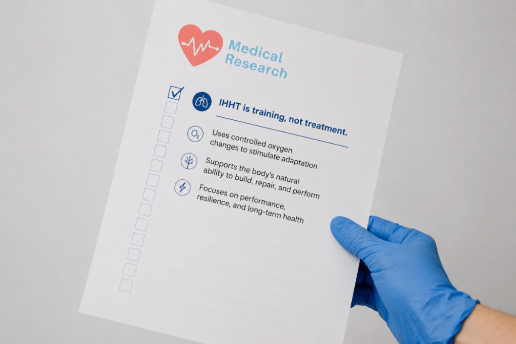 Close-up of a gloved hand holding a medical research checklist explaining that IHHT is a form of training designed to support oxygen adaptation, cellular function, and recovery.