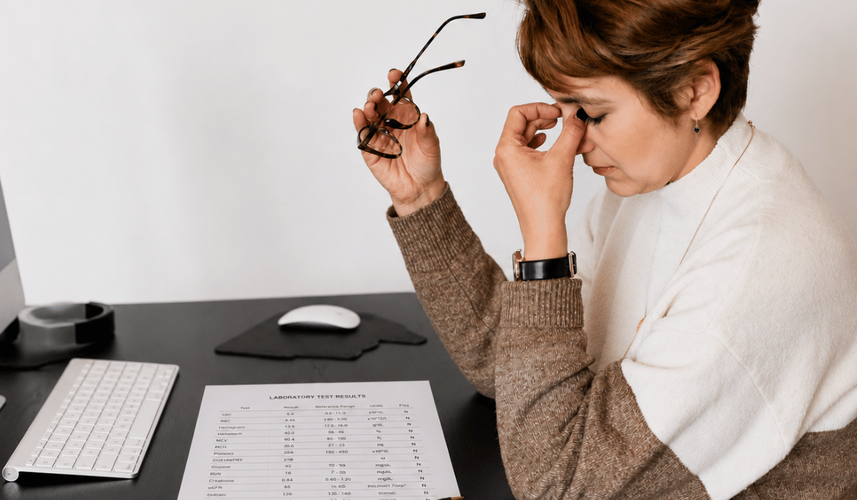 Exhausted woman reviewing normal blood test results while sitting at her desk.