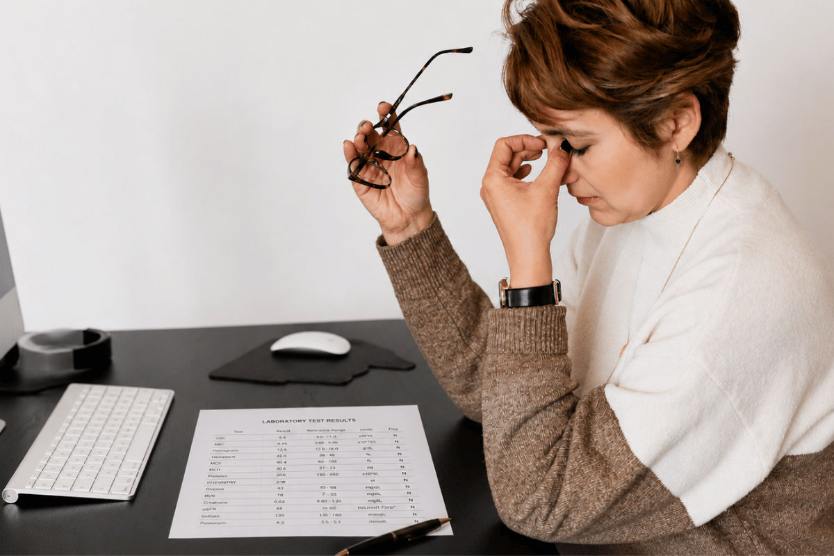 Exhausted woman reviewing normal blood test results while sitting at her desk.