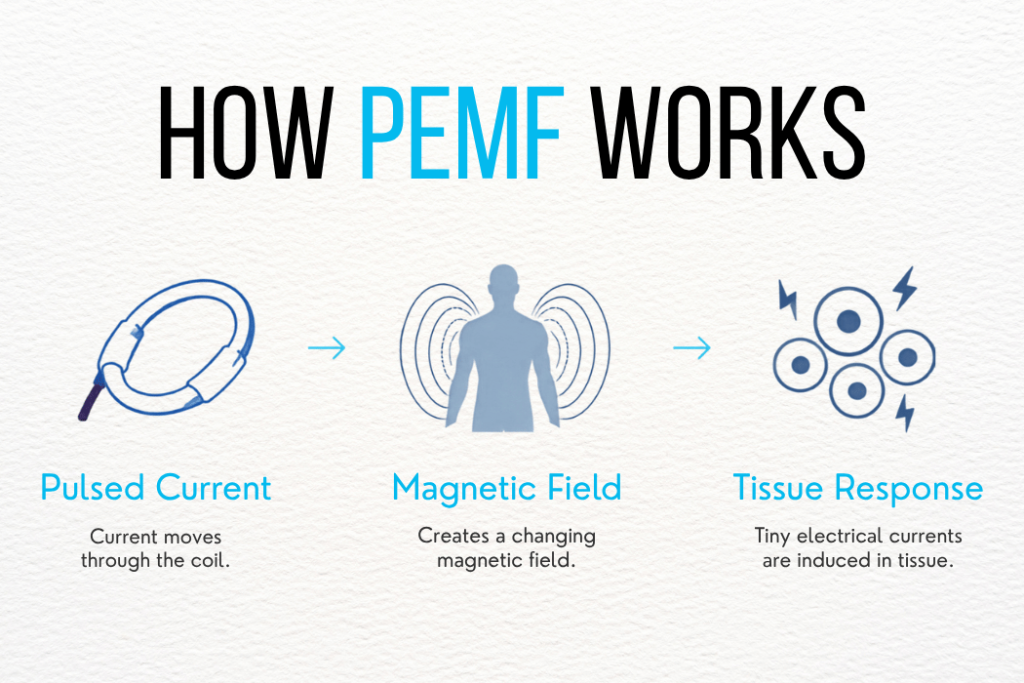 Infographic showing how PEMF works through pulsed current, a changing magnetic field, and small electrical currents induced in tissue.