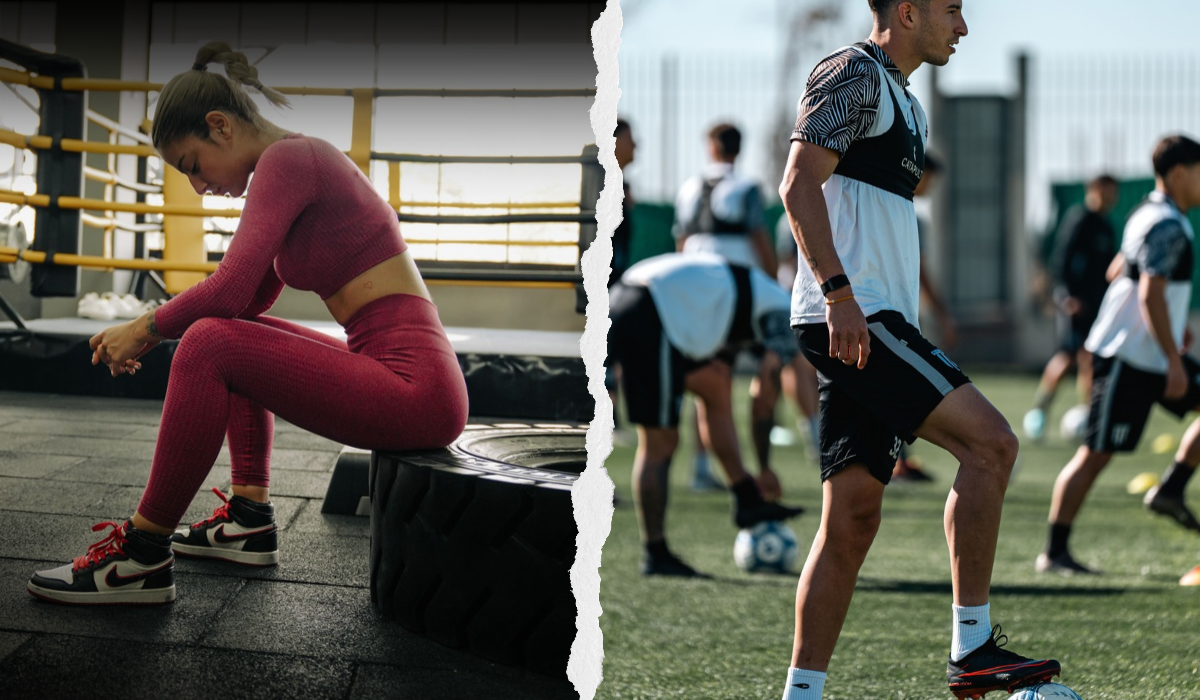 Split image showing an athlete resting after exercise and another athlete actively training on a field.