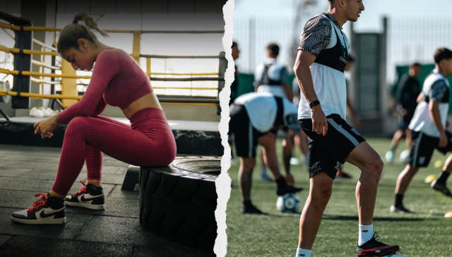 Split image showing an athlete resting after exercise and another athlete actively training on a field.