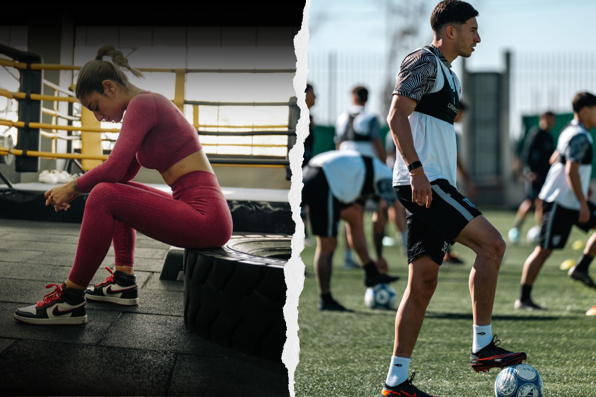 Split image showing an athlete resting after exercise and another athlete actively training on a field.