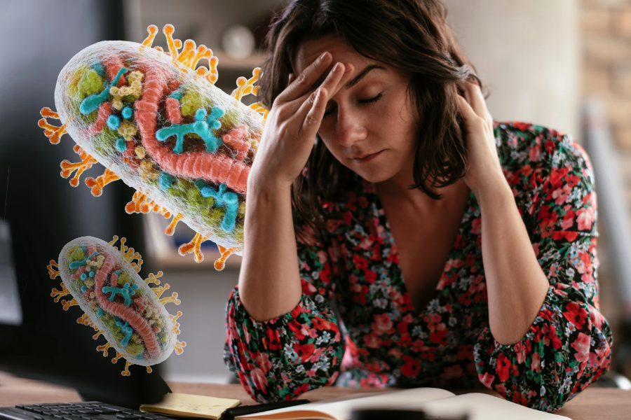 Tired woman sitting at a desk with a mitochondria illustration representing cellular energy production.